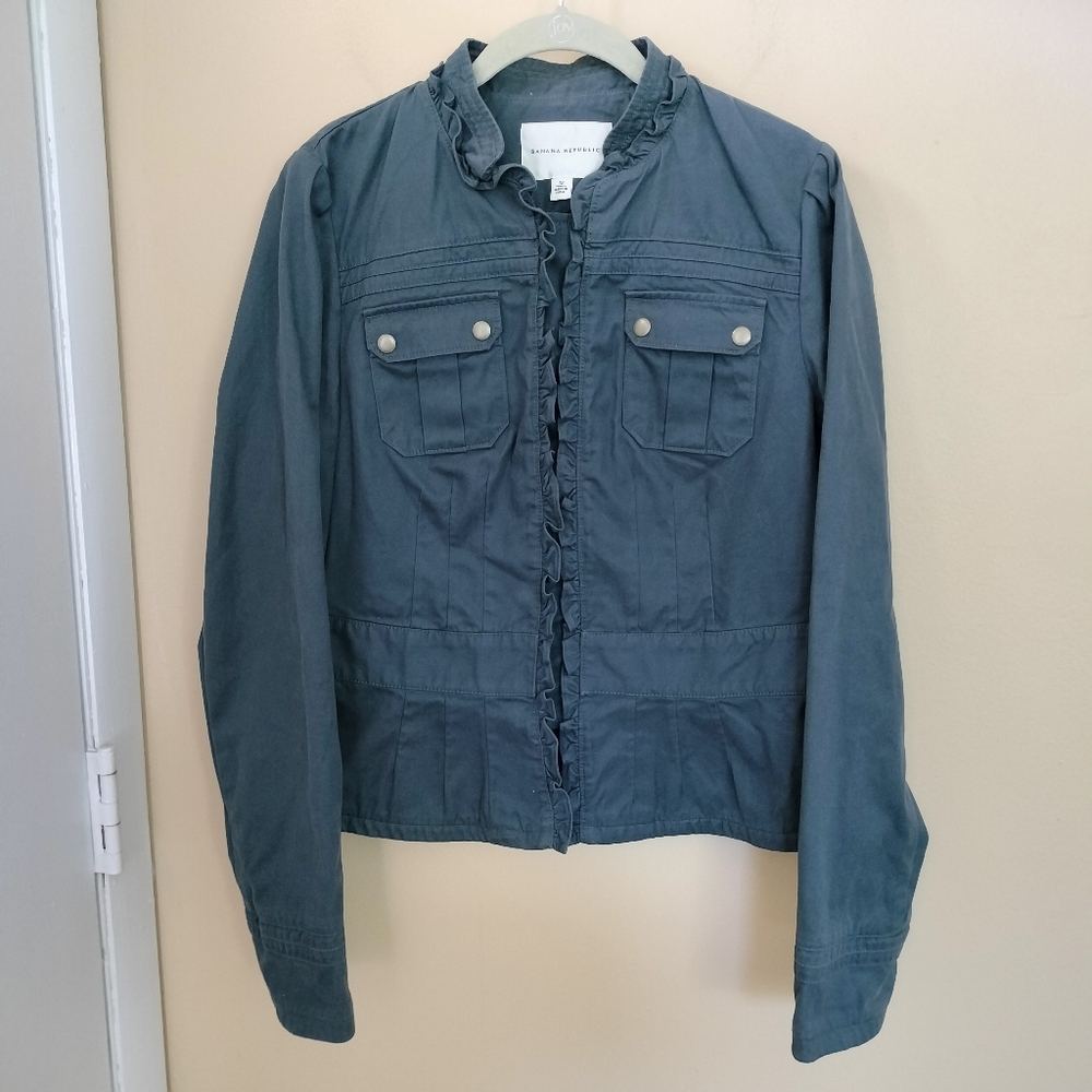 Banana Republic Ruffle Military Style Snap Cotton Jacket Gray 12 Office Preppy